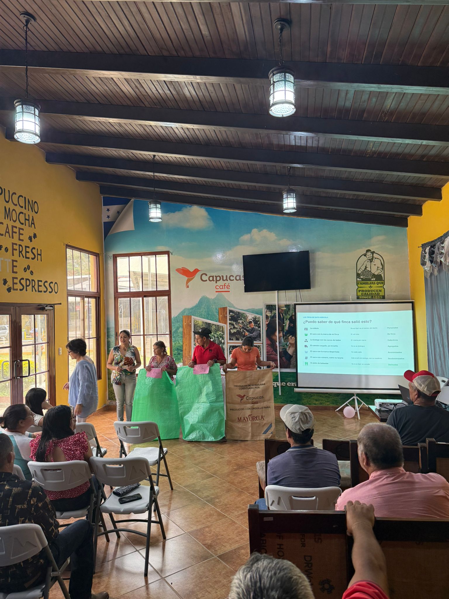 Data governance workshop at CAPUCAS cooperative, Copán, Honduras — producers tracing how a bag of coffee can be linked back to an individual farm